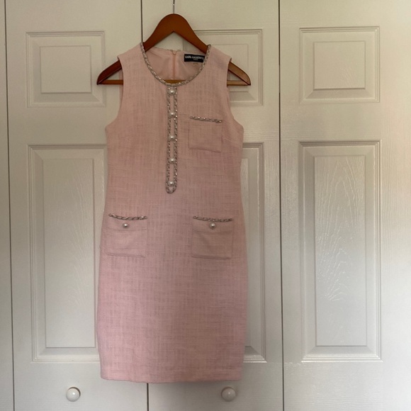 open lace back dress Buy Karl Lagerfeld Paris Women's TWEED DRESS WITH PEARL AND CHAIN DETAIL,  Rose, 6 at Amazon.in